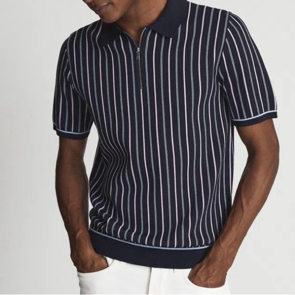 Reiss Navy Polo Shirt with White and Pink Stripes